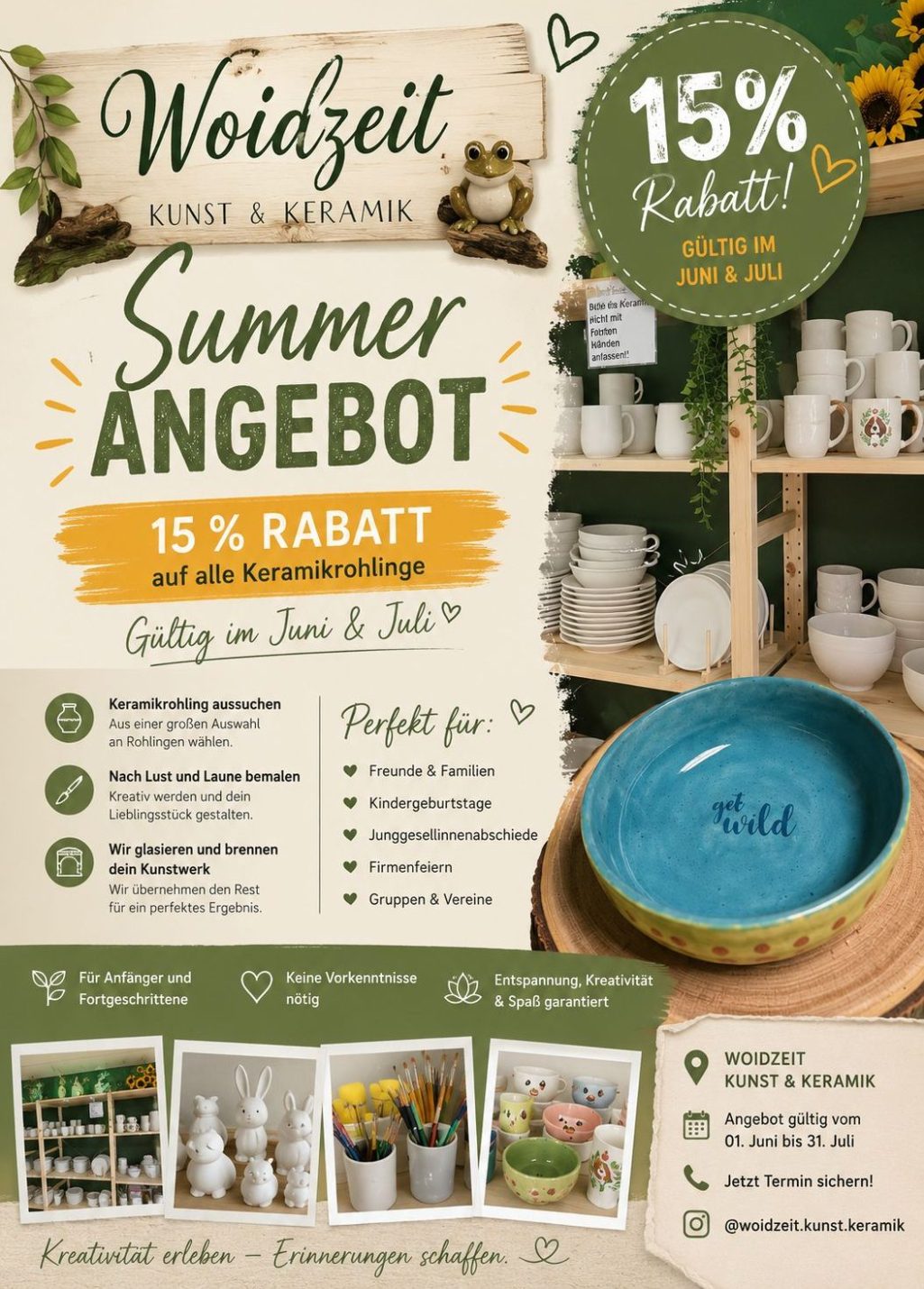 Sommerangebot mit 15 % Rabatt, dekorative Elemente und Produktinformationen in grün-weißer Gestaltung.